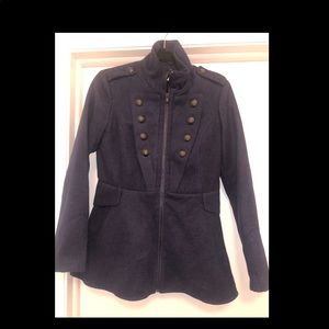 Navy pea coat military style fall jacket zip up Size M